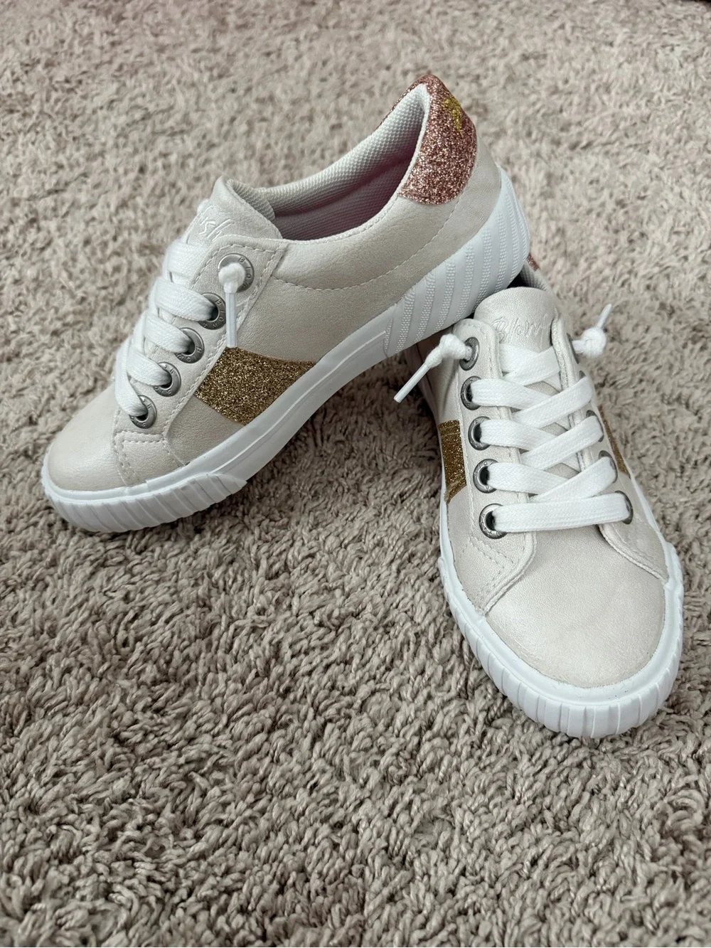 Blowfish Kids Sneakers in White with Gold and Pink Glitter Accents